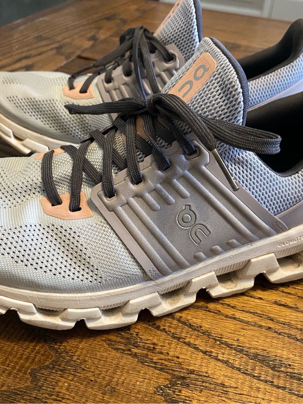 On Cloudstratus Women's Athletic Shoes - Light Gray and blue with Peach Accents
